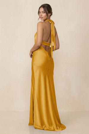 Cross Halter Sheath Bridesmaid Dress With Slit in Gold - KissProm Bridesmaid Dresses