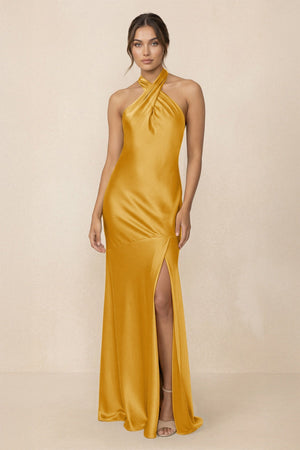 Cross Halter Sheath Bridesmaid Dress With Slit in Gold - KissProm Bridesmaid Dresses