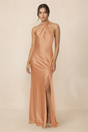 Cross Halter Sheath Bridesmaid Dress With Slit in Golden Champagne - KissProm Bridesmaid Dresses