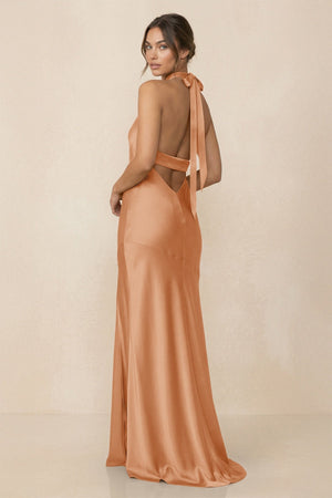 Cross Halter Sheath Bridesmaid Dress With Slit in Golden Champagne - KissProm Bridesmaid Dresses