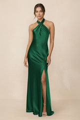 Cross Halter Sheath Bridesmaid Dress With Slit in Green - KissProm Bridesmaid Dresses