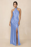 Cross Halter Sheath Bridesmaid Dress With Slit in Ice - KissProm Bridesmaid Dresses