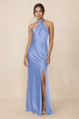 Cross Halter Sheath Bridesmaid Dress With Slit in Ice - KissProm Bridesmaid Dresses