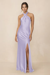 Cross Halter Sheath Bridesmaid Dress With Slit in Lavender - KissProm Bridesmaid Dresses