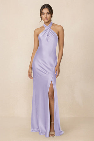 Cross Halter Sheath Bridesmaid Dress With Slit in Lavender - KissProm Bridesmaid Dresses
