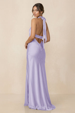 Cross Halter Sheath Bridesmaid Dress With Slit in Lavender - KissProm Bridesmaid Dresses