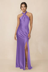 Cross Halter Sheath Bridesmaid Dress With Slit in Lilac - KissProm Bridesmaid Dresses