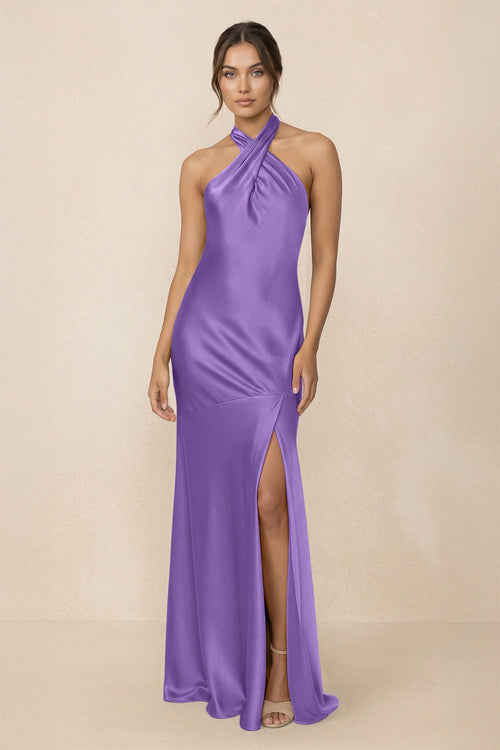 Cross Halter Sheath Bridesmaid Dress With Slit in Lilac - KissProm Bridesmaid Dresses