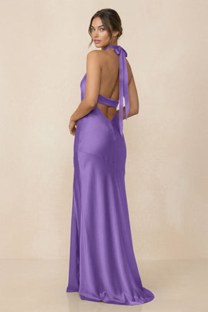Cross Halter Sheath Bridesmaid Dress With Slit in Lilac - KissProm Bridesmaid Dresses