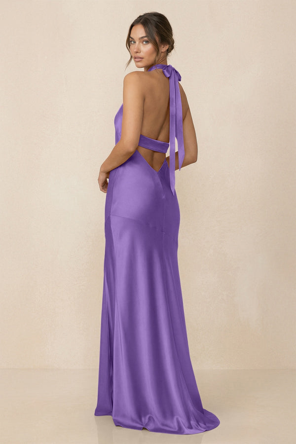 Cross Halter Sheath Bridesmaid Dress With Slit in Lilac - KissProm Bridesmaid Dresses