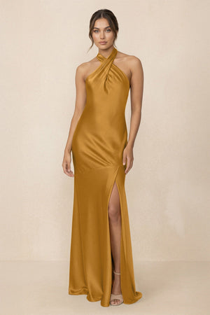 Cross Halter Sheath Bridesmaid Dress With Slit in Marigold - KissProm Bridesmaid Dresses