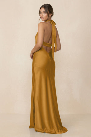 Cross Halter Sheath Bridesmaid Dress With Slit in Marigold - KissProm Bridesmaid Dresses