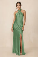 Cross Halter Sheath Bridesmaid Dress With Slit in Matcha - KissProm Bridesmaid Dresses