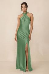 Cross Halter Sheath Bridesmaid Dress With Slit in Matcha - KissProm Bridesmaid Dresses