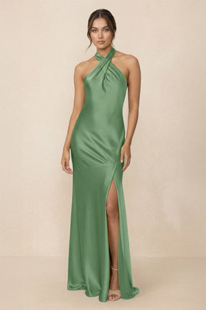 Cross Halter Sheath Bridesmaid Dress With Slit in Matcha - KissProm Bridesmaid Dresses