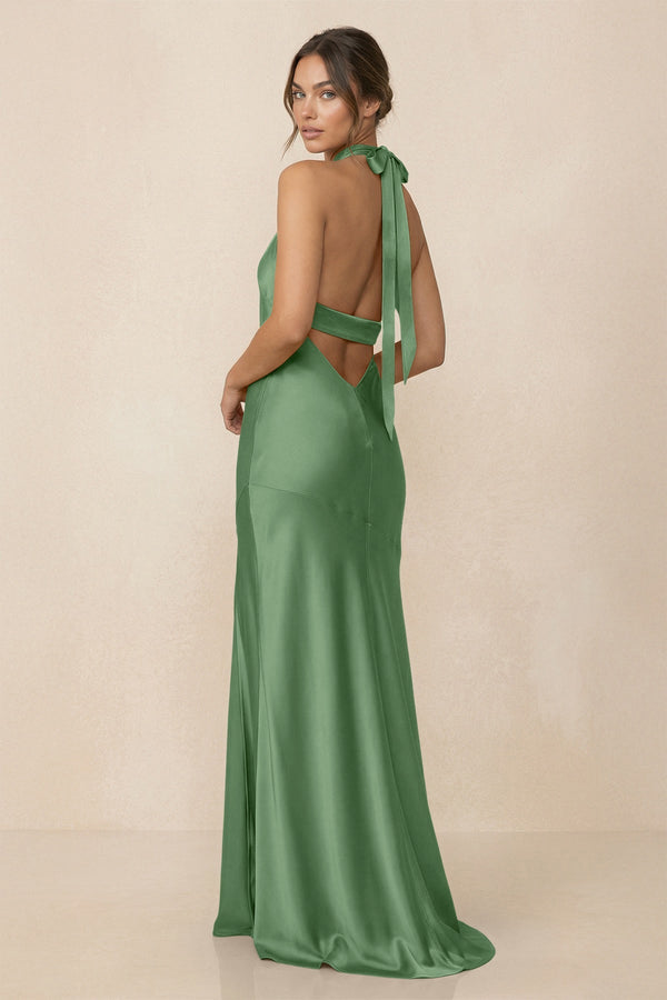 Cross Halter Sheath Bridesmaid Dress With Slit in Matcha - KissProm Bridesmaid Dresses