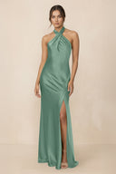 Cross Halter Sheath Bridesmaid Dress With Slit in Mint Green - KissProm Bridesmaid Dresses