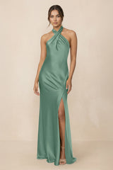 Cross Halter Sheath Bridesmaid Dress With Slit in Mint Green - KissProm Bridesmaid Dresses