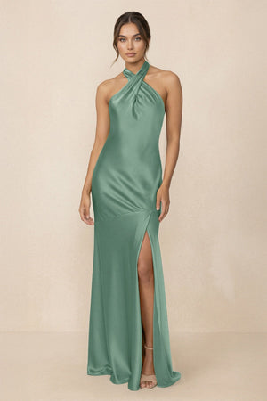 Cross Halter Sheath Bridesmaid Dress With Slit in Mint Green - KissProm Bridesmaid Dresses