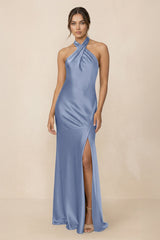 Cross Halter Sheath Bridesmaid Dress With Slit in Mist - KissProm Bridesmaid Dresses
