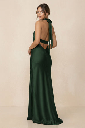 Cross Halter Sheath Bridesmaid Dress With Slit in Moss - KissProm Bridesmaid Dresses
