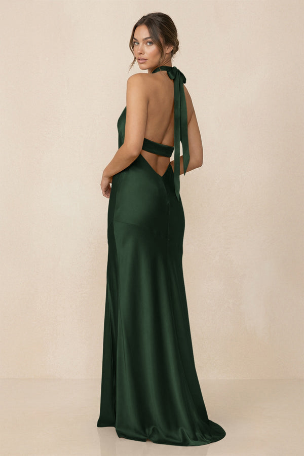Cross Halter Sheath Bridesmaid Dress With Slit in Moss - KissProm Bridesmaid Dresses
