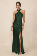 Cross Halter Sheath Bridesmaid Dress With Slit in Moss - KissProm Bridesmaid Dresses