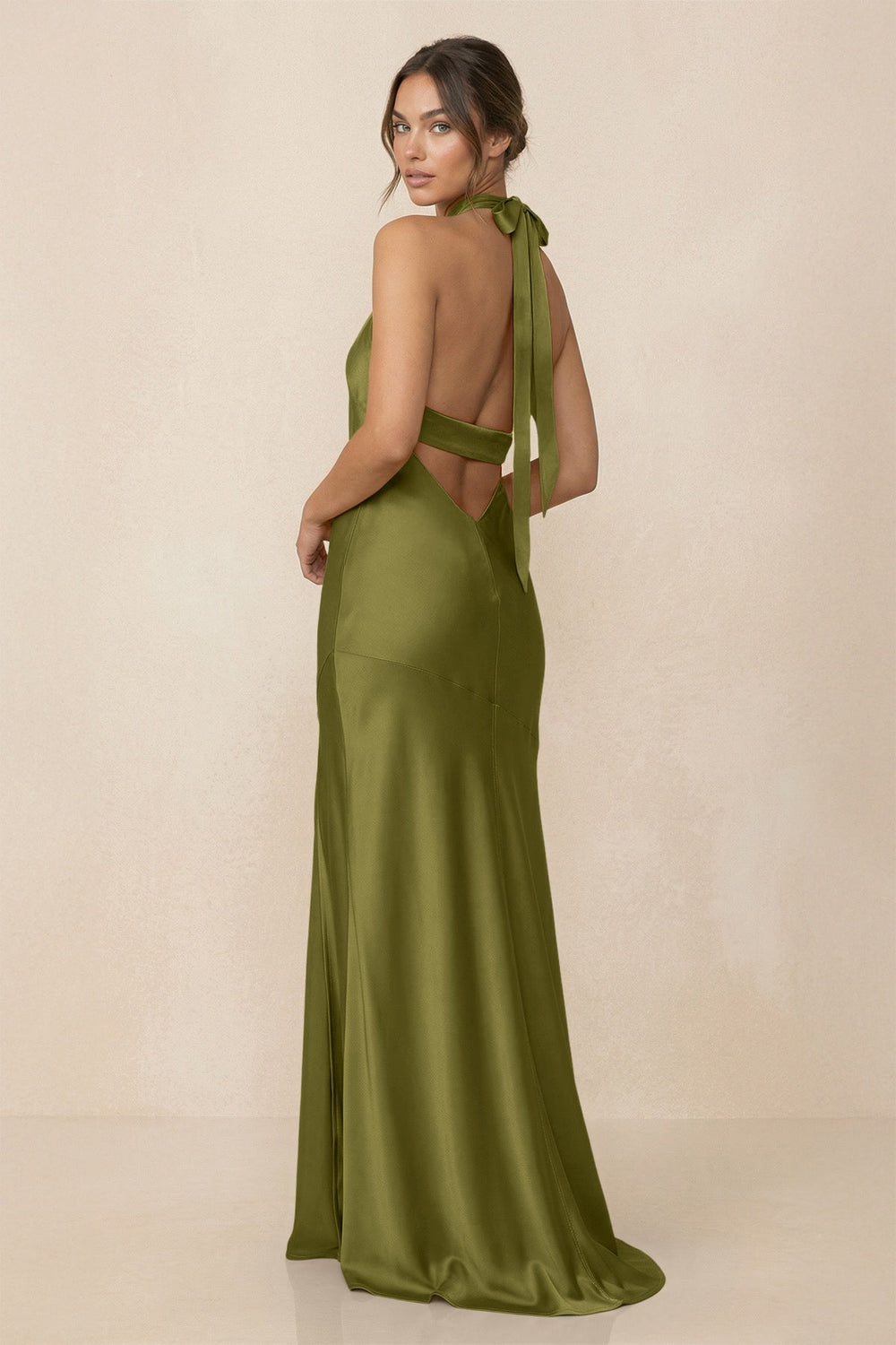 Cross Halter Sheath Bridesmaid Dress With Slit in Moss Green - KissProm Bridesmaid Dresses