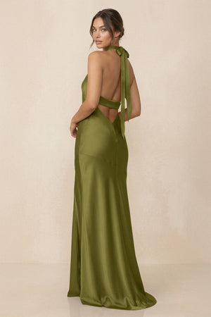Cross Halter Sheath Bridesmaid Dress With Slit in Moss Green - KissProm Bridesmaid Dresses