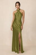 Cross Halter Sheath Bridesmaid Dress With Slit in Moss Green - KissProm Bridesmaid Dresses