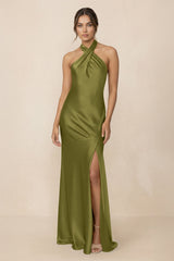 Cross Halter Sheath Bridesmaid Dress With Slit in Moss Green - KissProm Bridesmaid Dresses