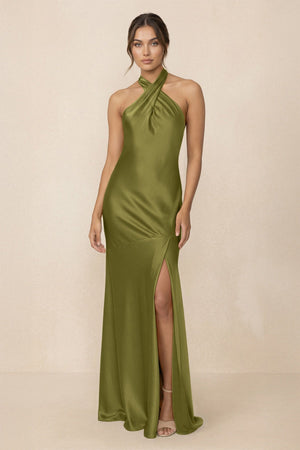 Cross Halter Sheath Bridesmaid Dress With Slit in Moss Green - KissProm Bridesmaid Dresses