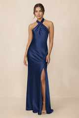 Cross Halter Sheath Bridesmaid Dress With Slit in Navy - KissProm Bridesmaid Dresses