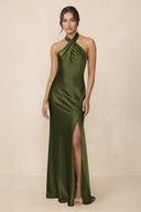 Cross Halter Sheath Bridesmaid Dress With Slit in Olive - KissProm Bridesmaid Dresses