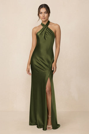Cross Halter Sheath Bridesmaid Dress With Slit in Olive - KissProm Bridesmaid Dresses