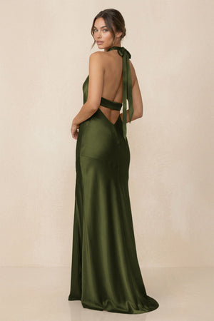 Cross Halter Sheath Bridesmaid Dress With Slit in Olive - KissProm Bridesmaid Dresses