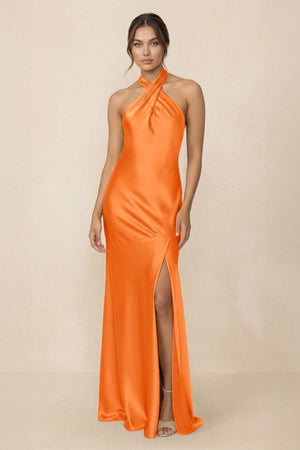 Cross Halter Sheath Bridesmaid Dress With Slit in Orange - KissProm Bridesmaid Dresses