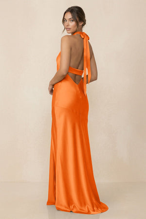 Cross Halter Sheath Bridesmaid Dress With Slit in Orange - KissProm Bridesmaid Dresses