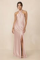 Cross Halter Sheath Bridesmaid Dress With Slit in Pale Blush - KissProm Bridesmaid Dresses
