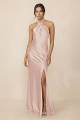 Cross Halter Sheath Bridesmaid Dress With Slit in Pale Blush - KissProm Bridesmaid Dresses