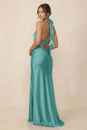 Cross Halter Sheath Bridesmaid Dress With Slit in Pale Pistachio - KissProm Bridesmaid Dresses