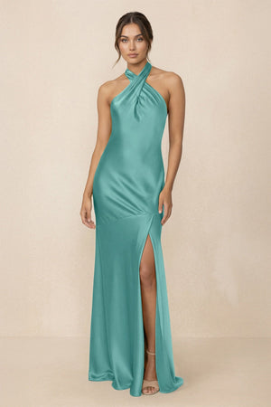 Cross Halter Sheath Bridesmaid Dress With Slit in Pale Pistachio - KissProm Bridesmaid Dresses