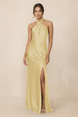 Cross Halter Sheath Bridesmaid Dress With Slit in Pastel Yellow - KissProm Bridesmaid Dresses