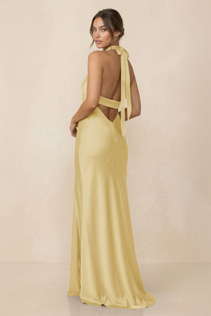 Cross Halter Sheath Bridesmaid Dress With Slit in Pastel Yellow - KissProm Bridesmaid Dresses