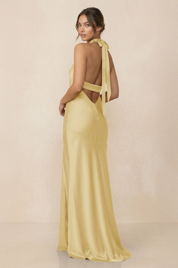 Cross Halter Sheath Bridesmaid Dress With Slit in Pastel Yellow - KissProm Bridesmaid Dresses