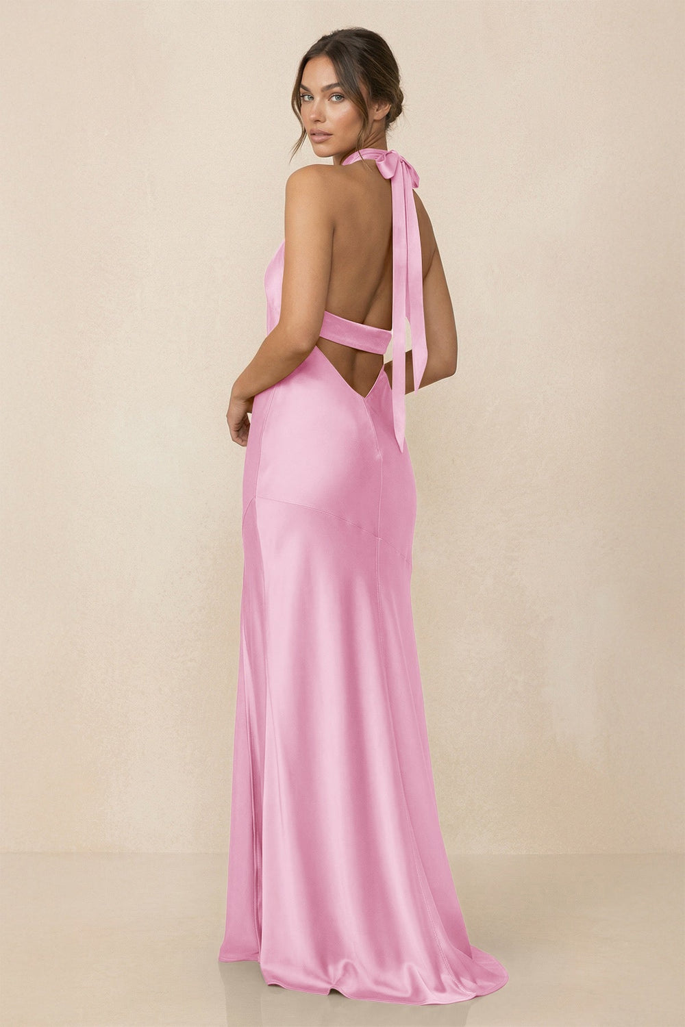 Cross Halter Sheath Bridesmaid Dress With Slit in Pink - KissProm Bridesmaid Dresses