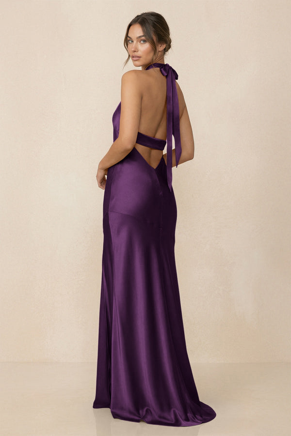 Cross Halter Sheath Bridesmaid Dress With Slit in Plum - KissProm Bridesmaid Dresses