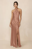 Cross Halter Sheath Bridesmaid Dress With Slit in Rosette - KissProm Bridesmaid Dresses