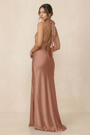 Cross Halter Sheath Bridesmaid Dress With Slit in Rosette - KissProm Bridesmaid Dresses