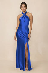 Cross Halter Sheath Bridesmaid Dress With Slit in Royal Blue - KissProm Bridesmaid Dresses